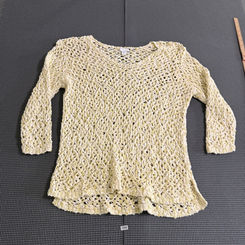 J. Jill Women S Petite Yellow White Open Knit 3/4 Sleeve Sweater High Low Hem
